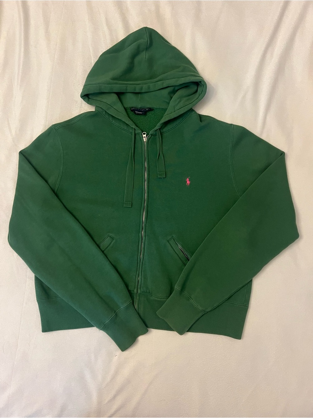 Vintage Ralph Lauren Green Shrunken Zip Hoodie with Pink Pony Embroidery - Picture 2 of 7